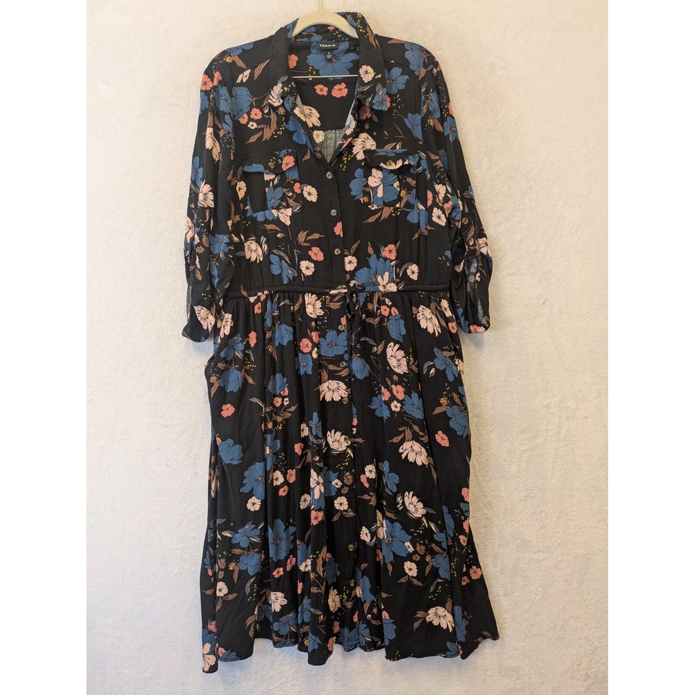 Torrid Floral Button Front Midi Shirt Dress Black Blue Pink‎ Plus Size 1